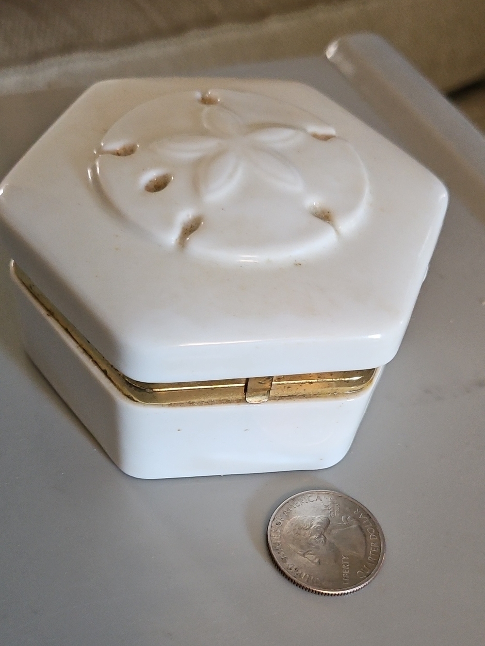 Hexagonal White Decorative Trinket Box with Gold Accent